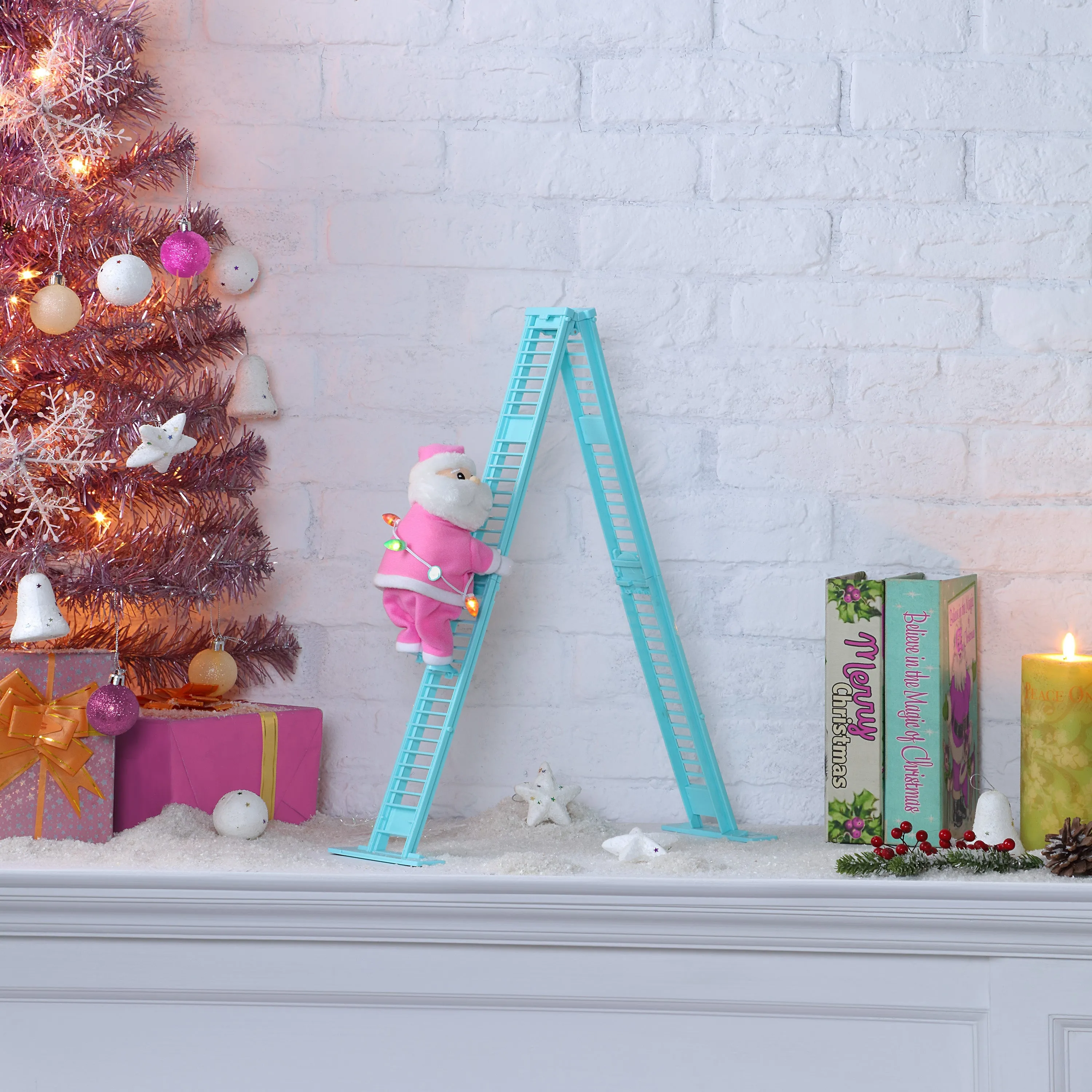 17 in. Animated Pastel Ladder Climbing White Santa