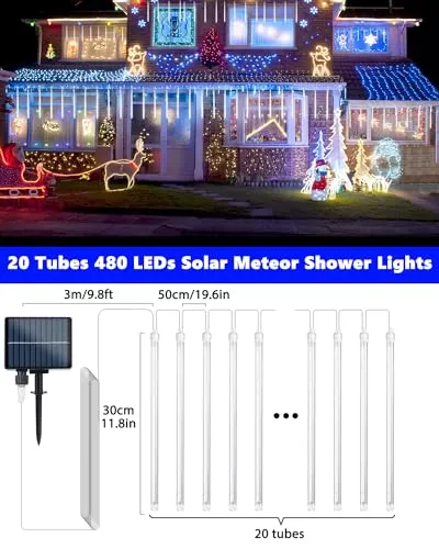 20 Tubes Solar Meteor Shower Icicle Lights 480 LED Raindrop Lights with Timer Function Cascading Lights Falling Rain Lights for Holiday Party Christmas Decorations (White)