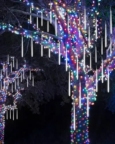 20 Tubes Solar Meteor Shower Icicle Lights 480 LED Raindrop Lights with Timer Function Cascading Lights Falling Rain Lights for Holiday Party Christmas Decorations (White)