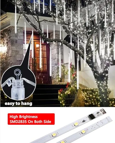 20 Tubes Solar Meteor Shower Icicle Lights 480 LED Raindrop Lights with Timer Function Cascading Lights Falling Rain Lights for Holiday Party Christmas Decorations (White)