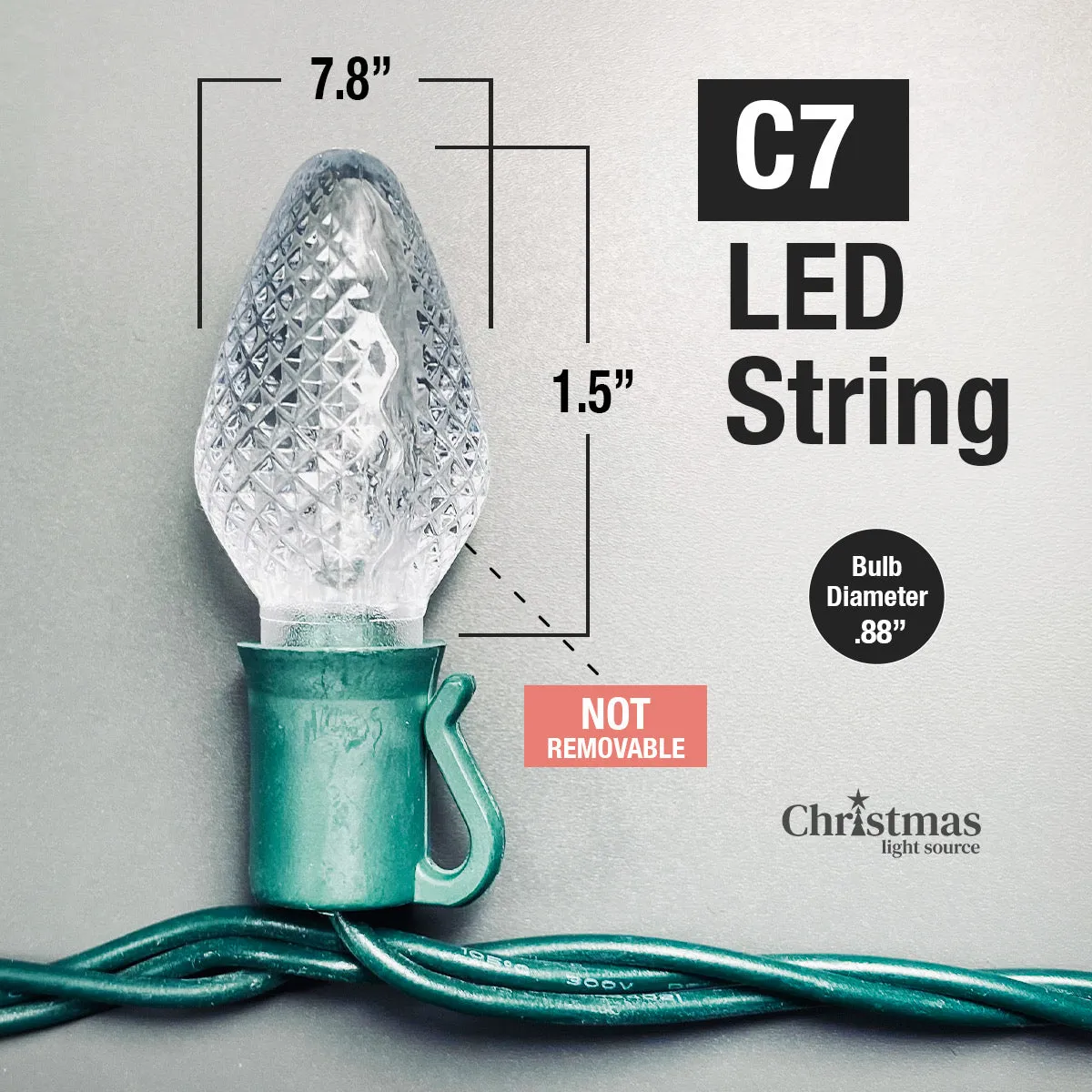 25-light C7 Green LED Christmas Lights, 8" Spacing Green Wire