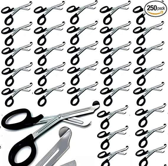 250 Pcs Trauma Paramedic EMT Shears Scissors 7.25"- Premium Quality Stainless Steel, Anti Rust Thick Blades & Comfort Finger Rings - Ideal GIFT For EMT, Nurses , doctors, Firefighter and more (BLACK)