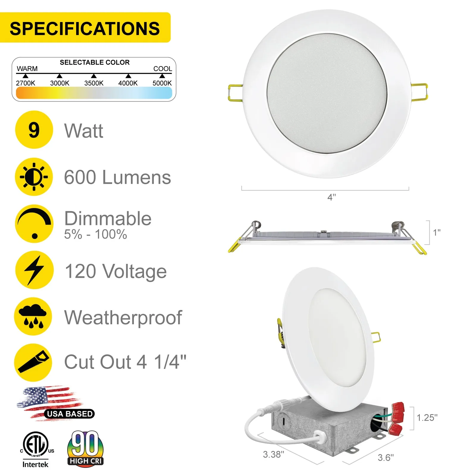 4" Inch Canless Recessed Lighting Slim LED Wafer Lights - Wet Rated - 5CCT 2700K-5000K - 630LM