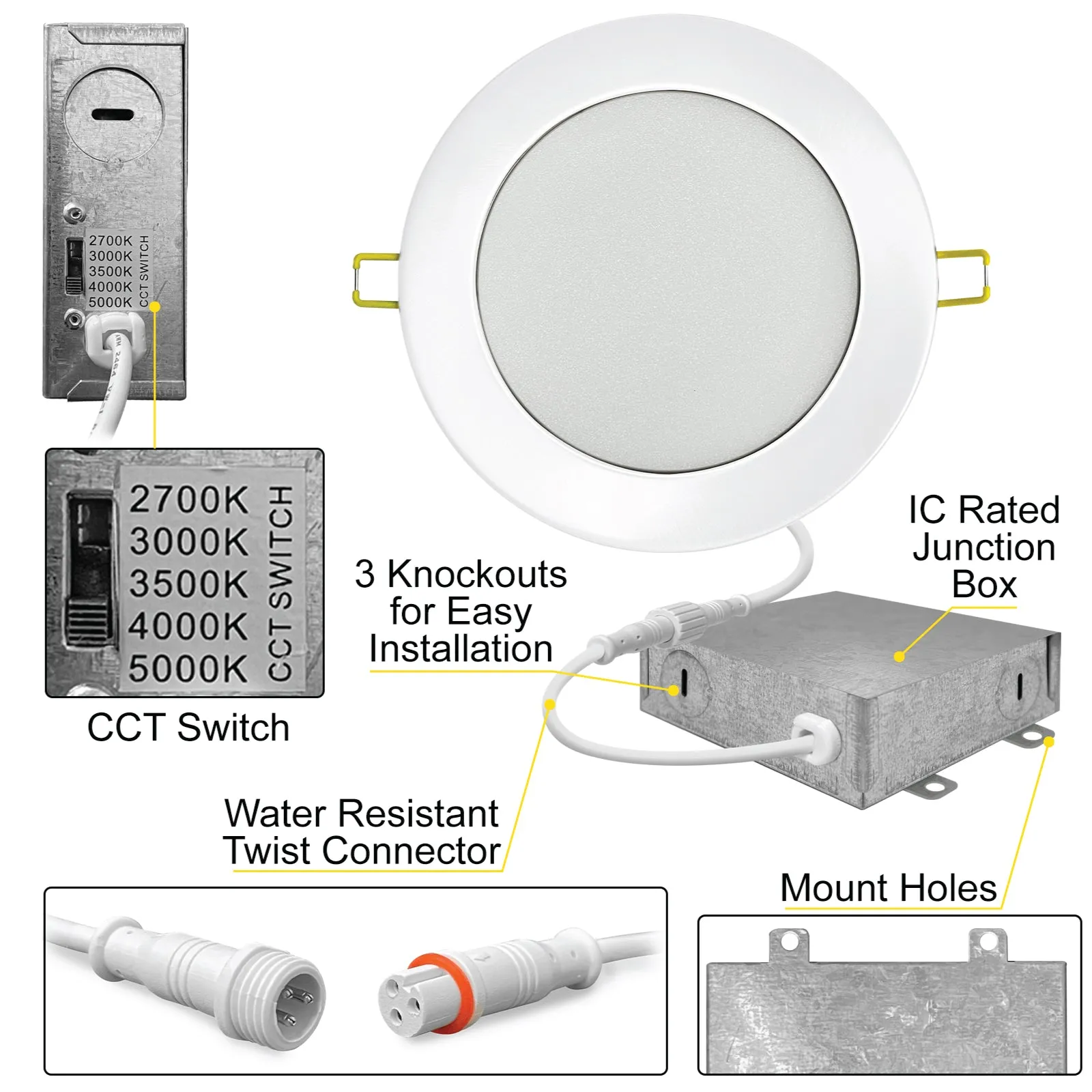 4" Inch Canless Recessed Lighting Slim LED Wafer Lights - Wet Rated - 5CCT 2700K-5000K - 630LM