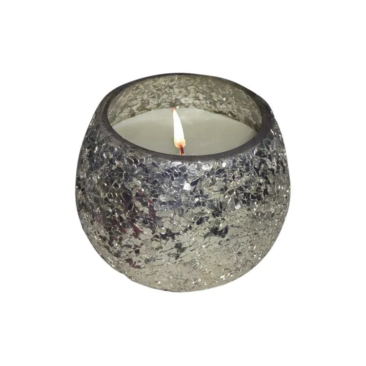 5" Crackled Glass Candle Holder with 17 oz Candle - Silver