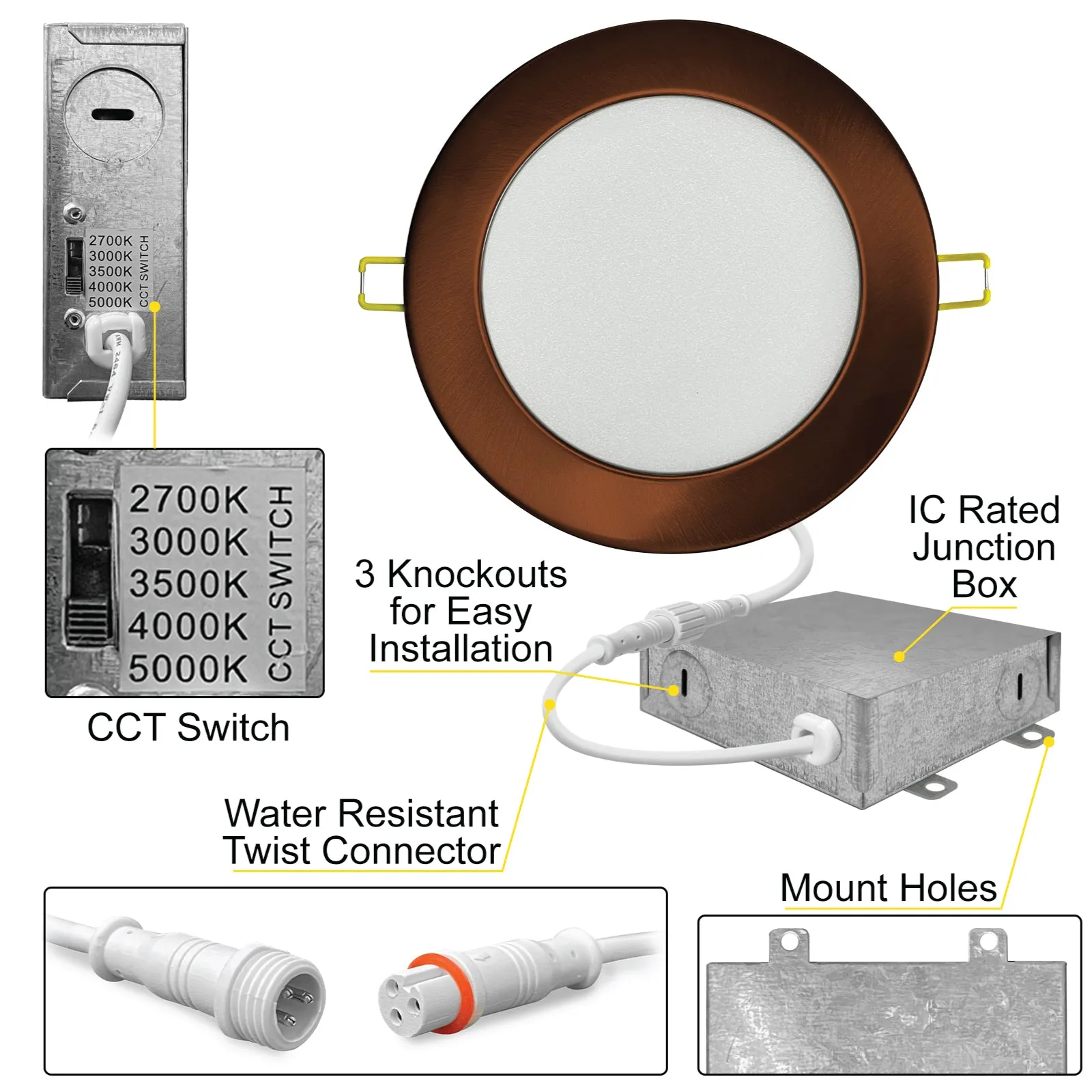 6" Inch Bronze Canless Recessed Lighting Slim LED Wafer Lights - Wet Rated - 5CCT 2700K-5000K - 1050LM