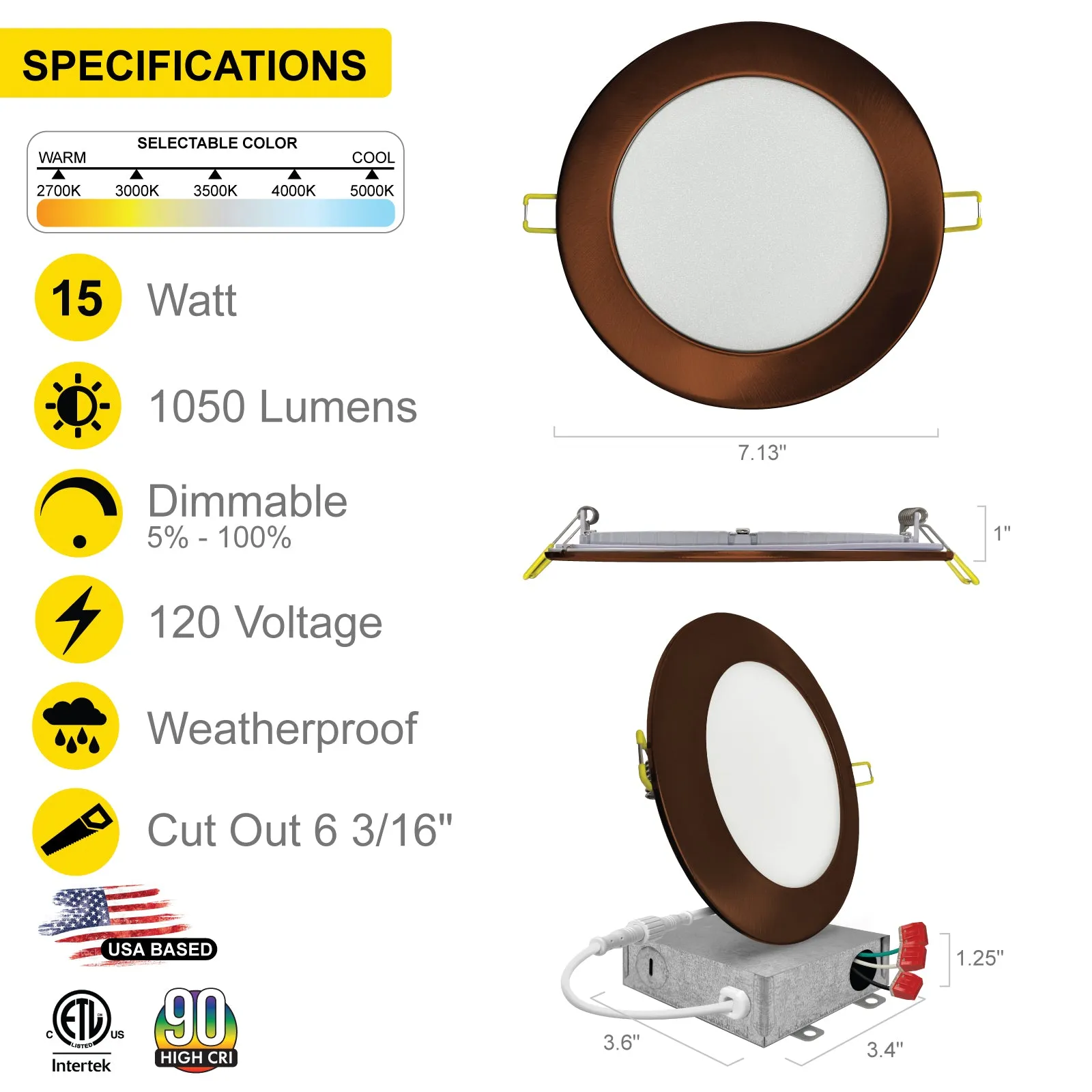 6" Inch Bronze Canless Recessed Lighting Slim LED Wafer Lights - Wet Rated - 5CCT 2700K-5000K - 1050LM