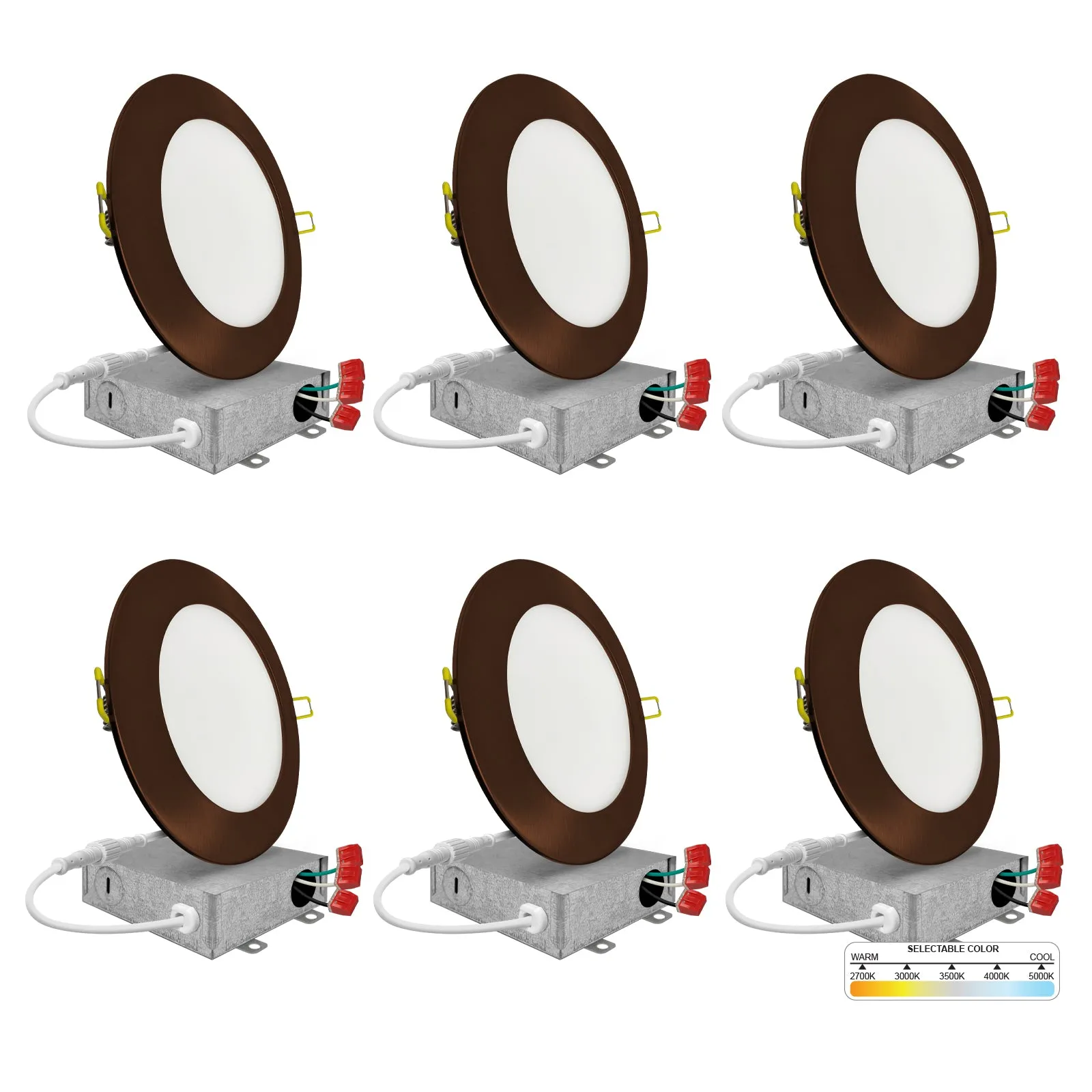 6" Inch Bronze Canless Recessed Lighting Slim LED Wafer Lights - Wet Rated - 5CCT 2700K-5000K - 1050LM