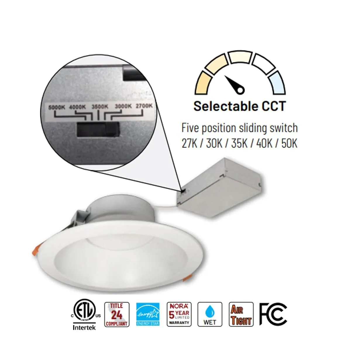 8" Theia Canless LED Downlight, 22 Watts, 2100 Lumens, 27K|30K|35K|40K|50K, White Finish