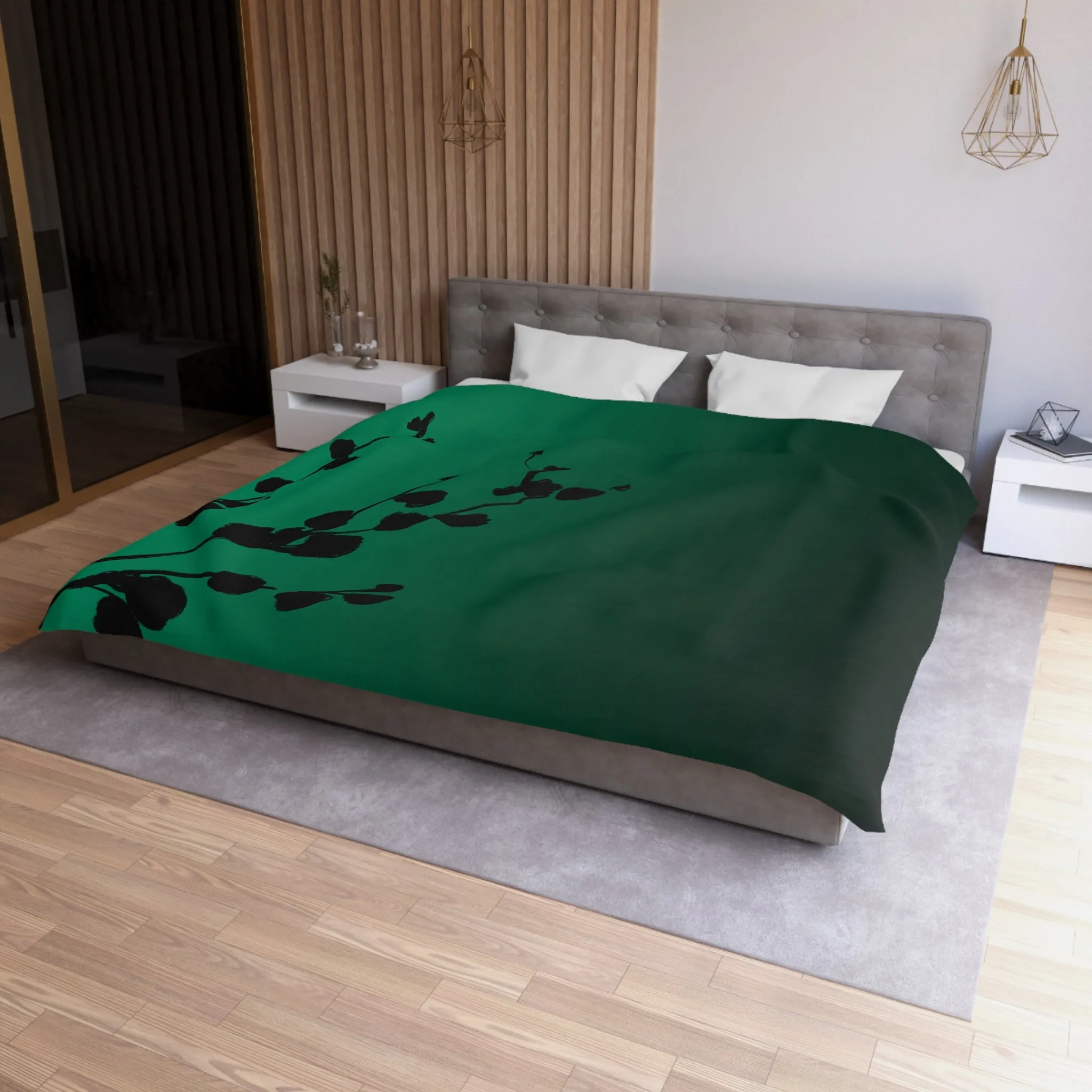 Abstract Duvet Cover | Green Ombre, Black leaves