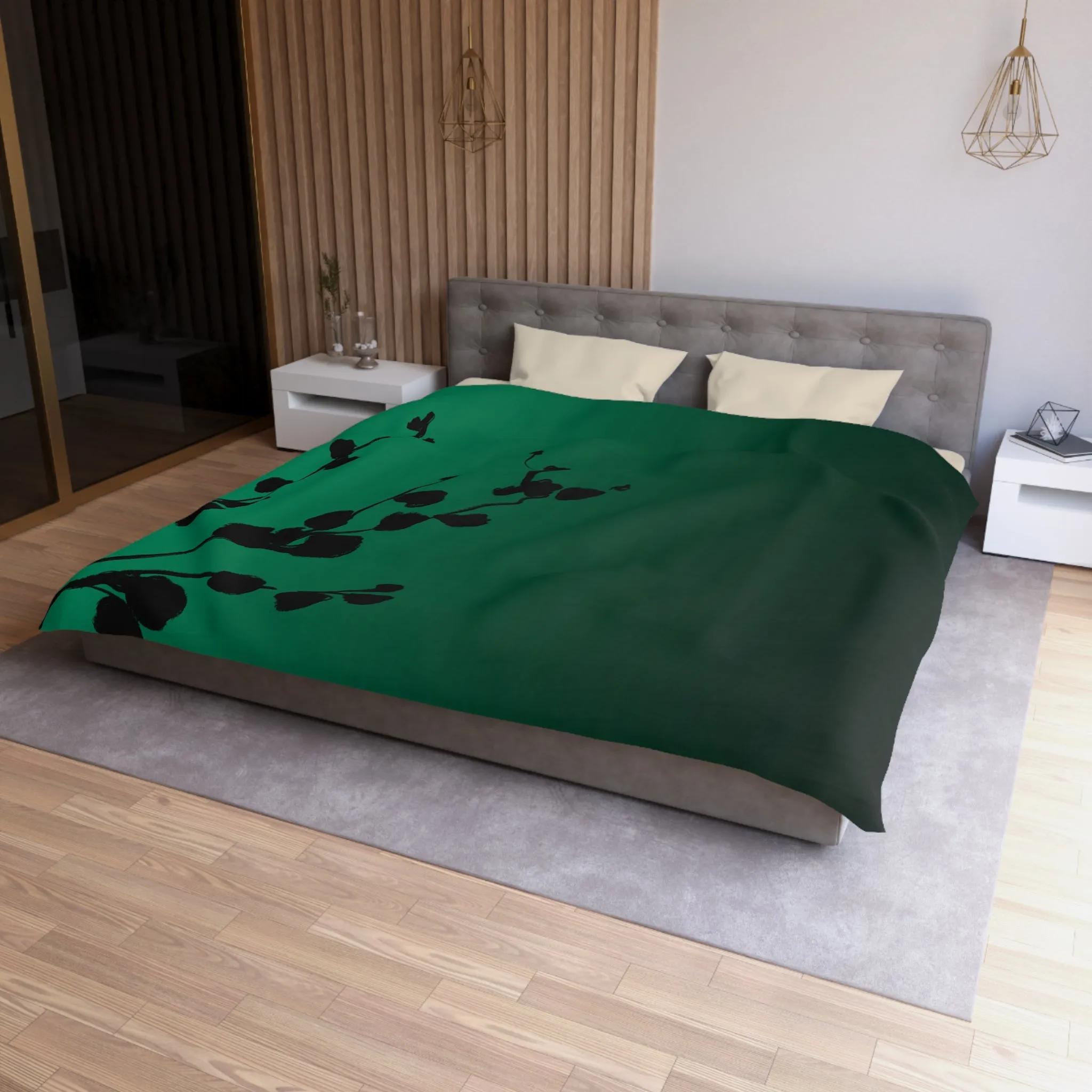 Abstract Duvet Cover | Green Ombre, Black leaves