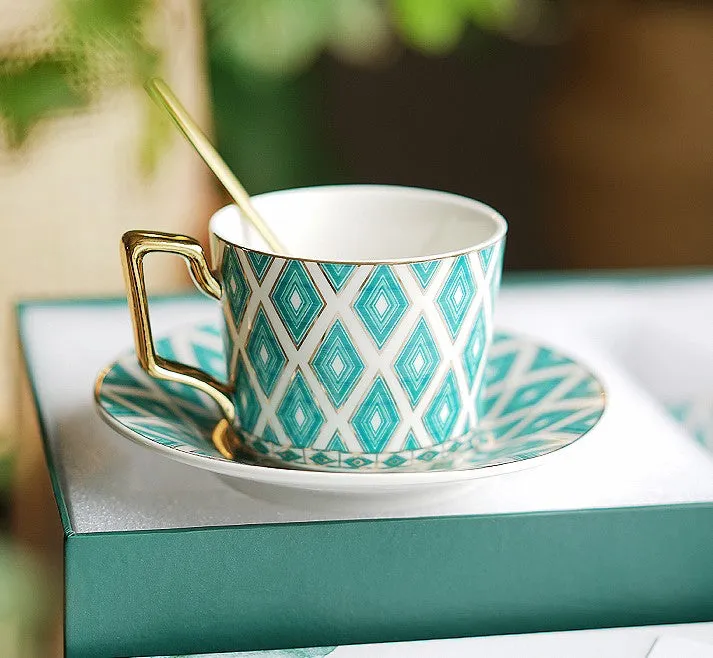 Afternoon Green British Tea Cups, Unique Ceramic Coffee Cups, Creative Bone China Porcelain Tea Cup Set, Traditional English Tea Cups and Saucers