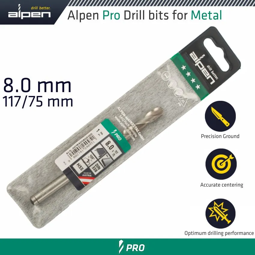 ALPEN ALPEN PRO HSS 8MM DRILL DIN 338 RN 135 SPLIT POINT PLASTIC WALLET ALP1840080