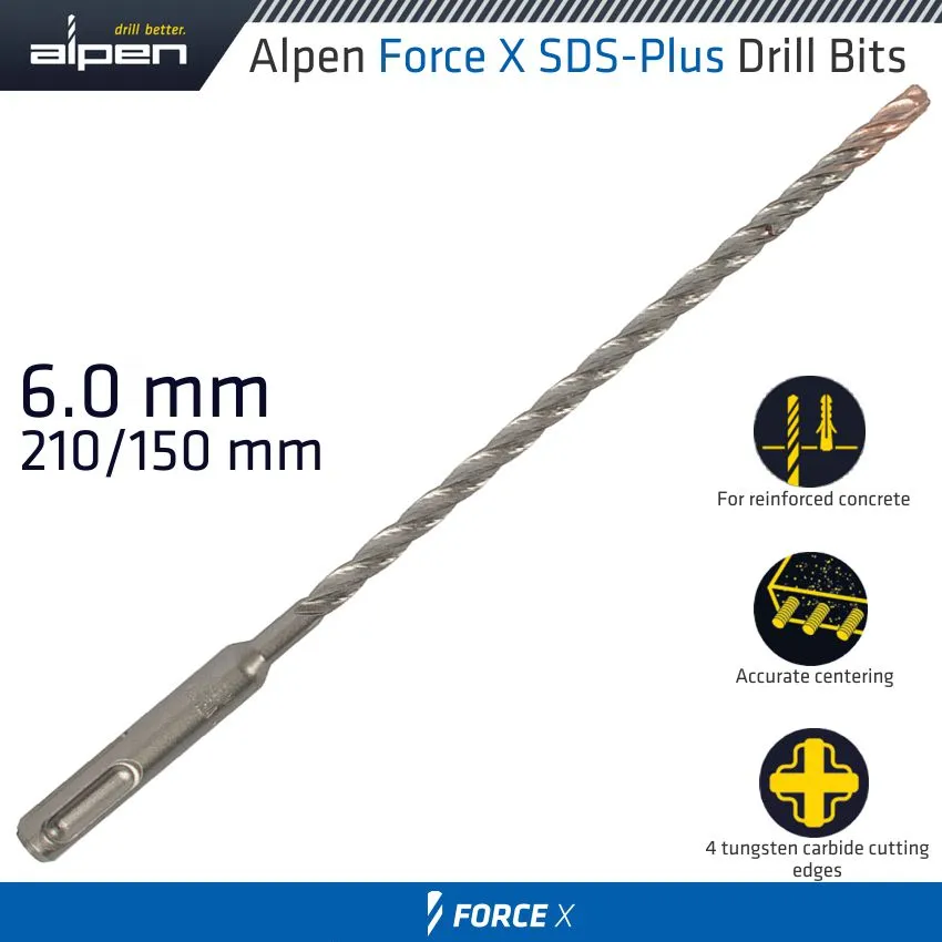 ALPEN FORCE X 6.0 x 210/150 SDS-PLUS DRILL BIT X4 CUTTING EDGES ALP825006