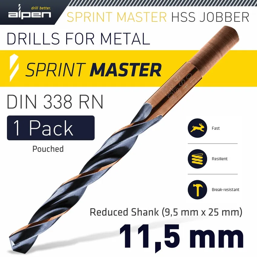 ALPEN HSS SPRINT MASTER 11.5MM RED SHANK 9.5MM X1 SLEEVED DIN338 ALPEN DRILL ALP6400115