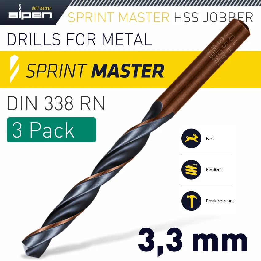 ALPEN HSS SPRINT MASTER  3.3MM X3 SLEEVED DIN338 ALPEN DRILL BIT ALP6180033