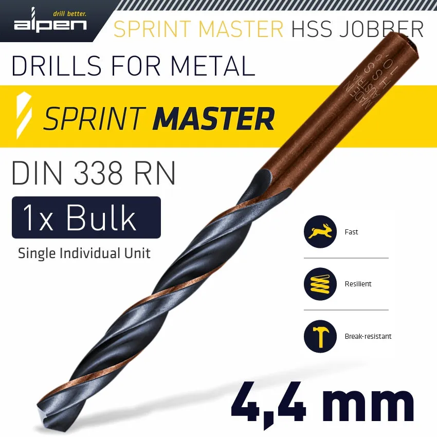 ALPEN HSS SPRINT MASTER 4.4MM BULK DIN 338 ALPEN DRILL BIT ALP6260044