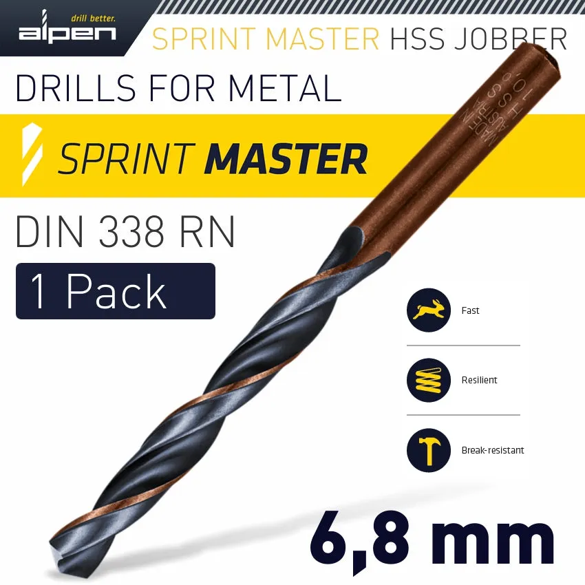 ALPEN HSS SPRINT MASTER  6.8MM X1 SLEEVED DIN338 ALPEN DRILL BIT ALP6180068