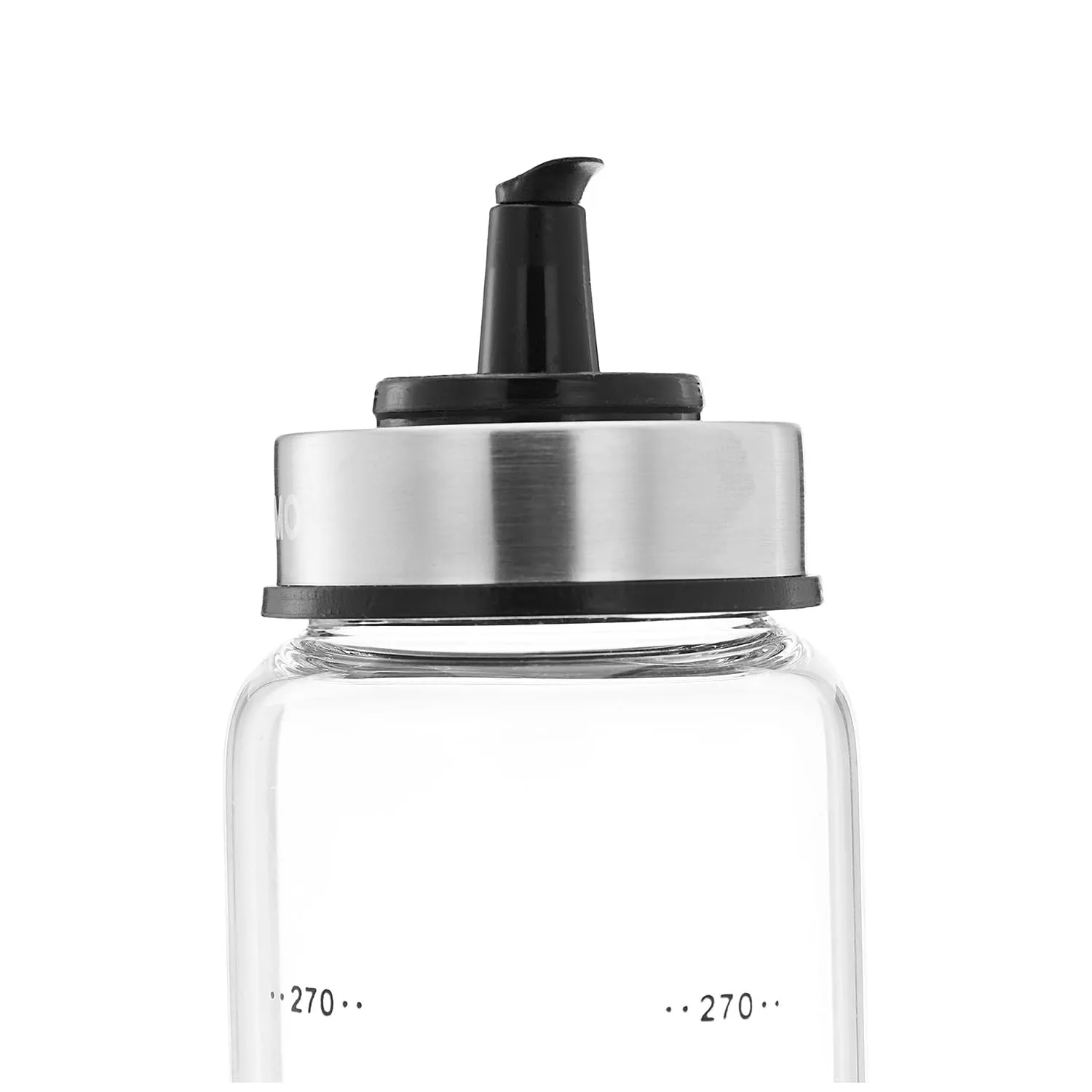 Amazon Brand - Solimo Oil Pourer with Leak-proof and Spill-proof Plastic Closure, and Measurements; Microwave-safe, Freezer-safe, and Dishwasher-safe, Borosilicate Glass, 300 ml