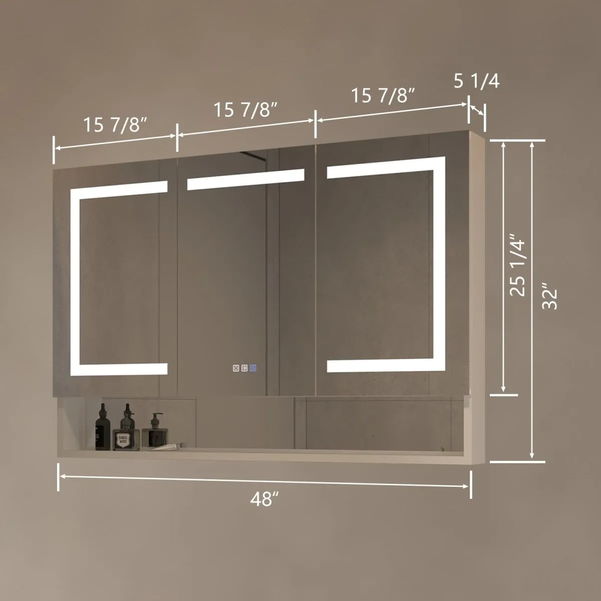 Ample 48" W x 32" H LED Lighted Chrome Medicine Cabinet with Mirror and Shelves for Bathroom Recessed or Surface Mount