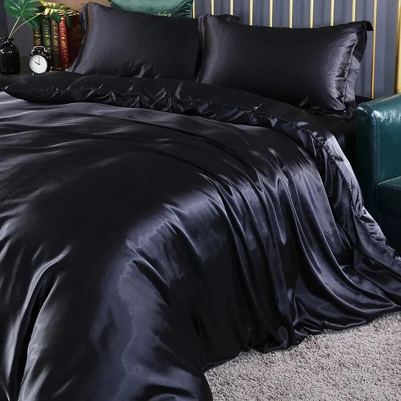 Anyhouz Beddings Black AU Double Size 3 Pcs High End Satin Smooth Duvet Cover Set Luxury Polyester Silky Soft Cozy Bedding Set