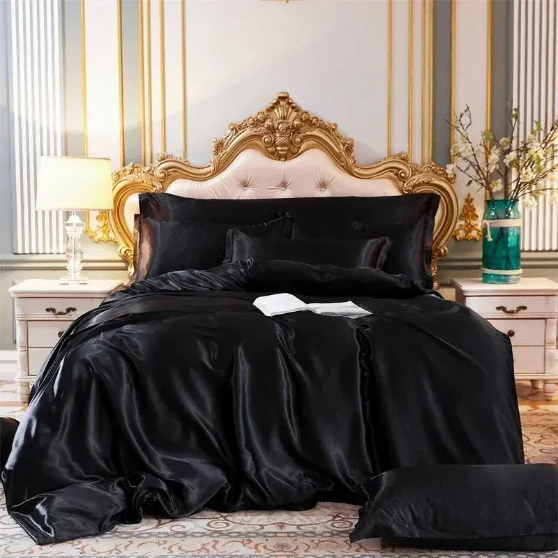 Anyhouz Beddings Black AU Double Size 3 Pcs High End Satin Smooth Duvet Cover Set Luxury Polyester Silky Soft Cozy Bedding Set