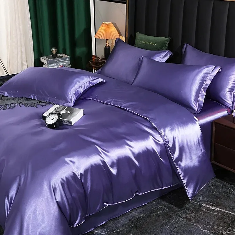 Anyhouz Beddings Light Purple EU Double Size 3 Pcs High End Satin Smooth Duvet Cover Set Luxury Polyester Silky Soft Cozy Bedding Set