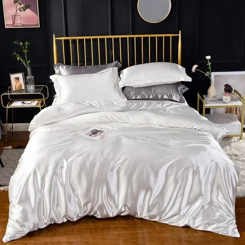 Anyhouz Beddings White US Full Size 3 Pcs High End Satin Smooth Duvet Cover Set Luxury Polyester Silky Soft Cozy Bedding Set