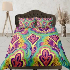 Artistic bright colors paisley duvet cover set, aesthetic room decor bedding set full, king, queen size, abstract boho bedspread