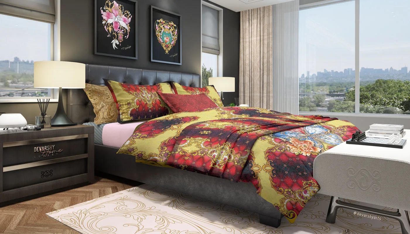 Baroque Royal Red Printed Duvet Cover, Luxury Bed Linen, Twin, Queen, King Bedding, Devarshy Home, GT