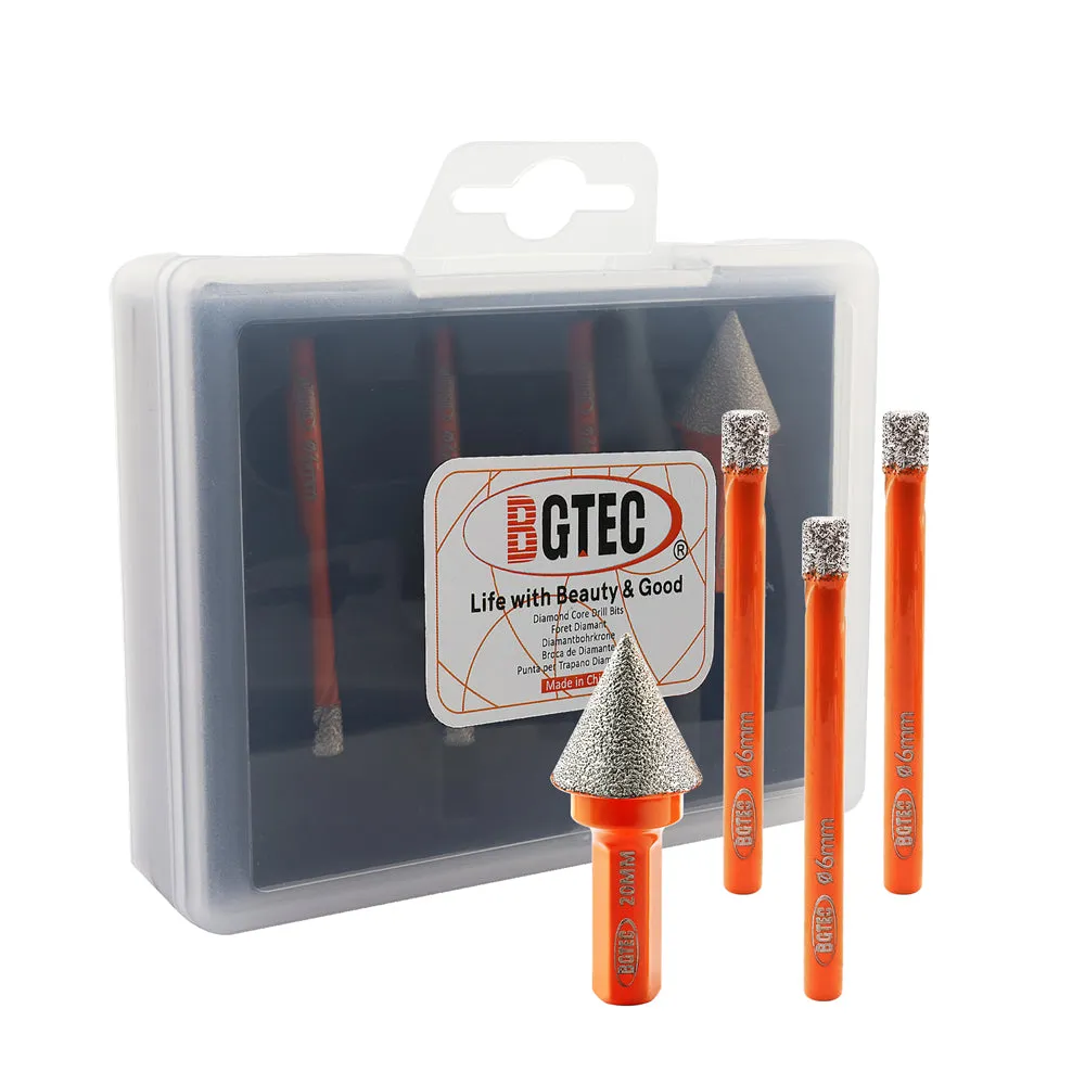 BGTEC Diamond Dry Drilling Bits 4pcs/set 6/6/6mm Core Bits 20mm Chamfer Bit for Porcelain Ceramic Tile Marble  Granite Round Shank