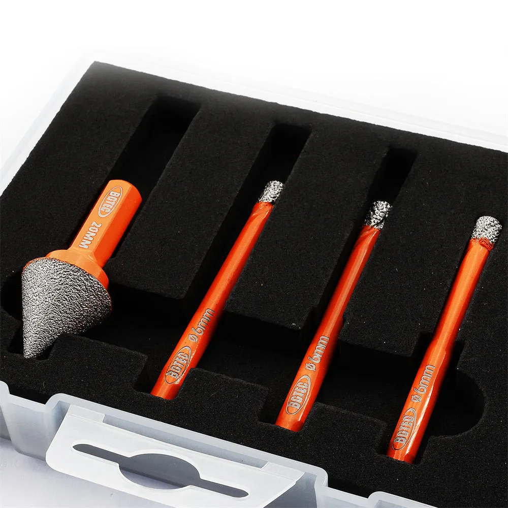 BGTEC Diamond Dry Drilling Bits 4pcs/set 6/6/6mm Core Bits 20mm Chamfer Bit for Porcelain Ceramic Tile Marble  Granite Round Shank