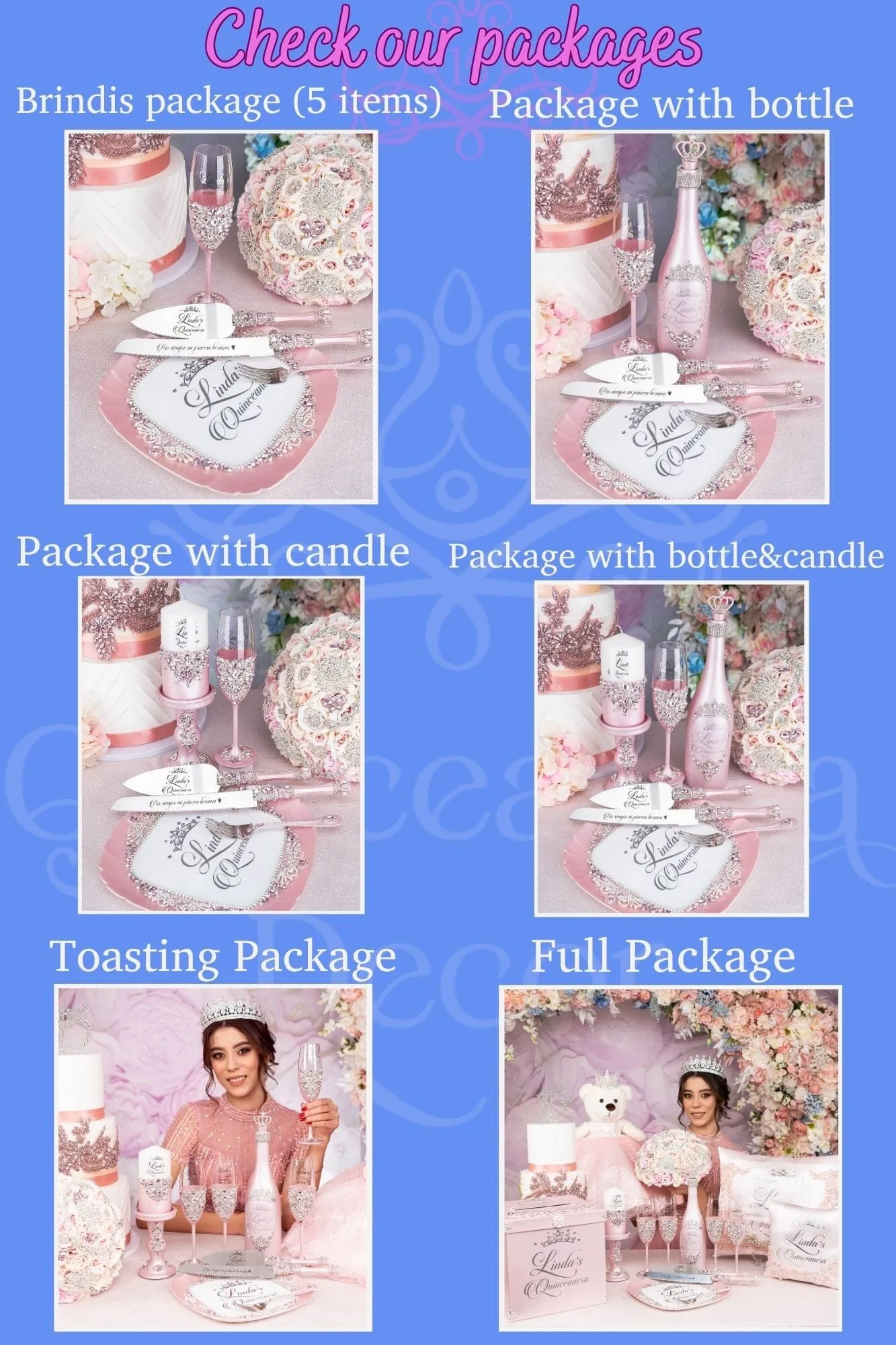 Black Quinceanera Package of Bottle, Glass and Candle