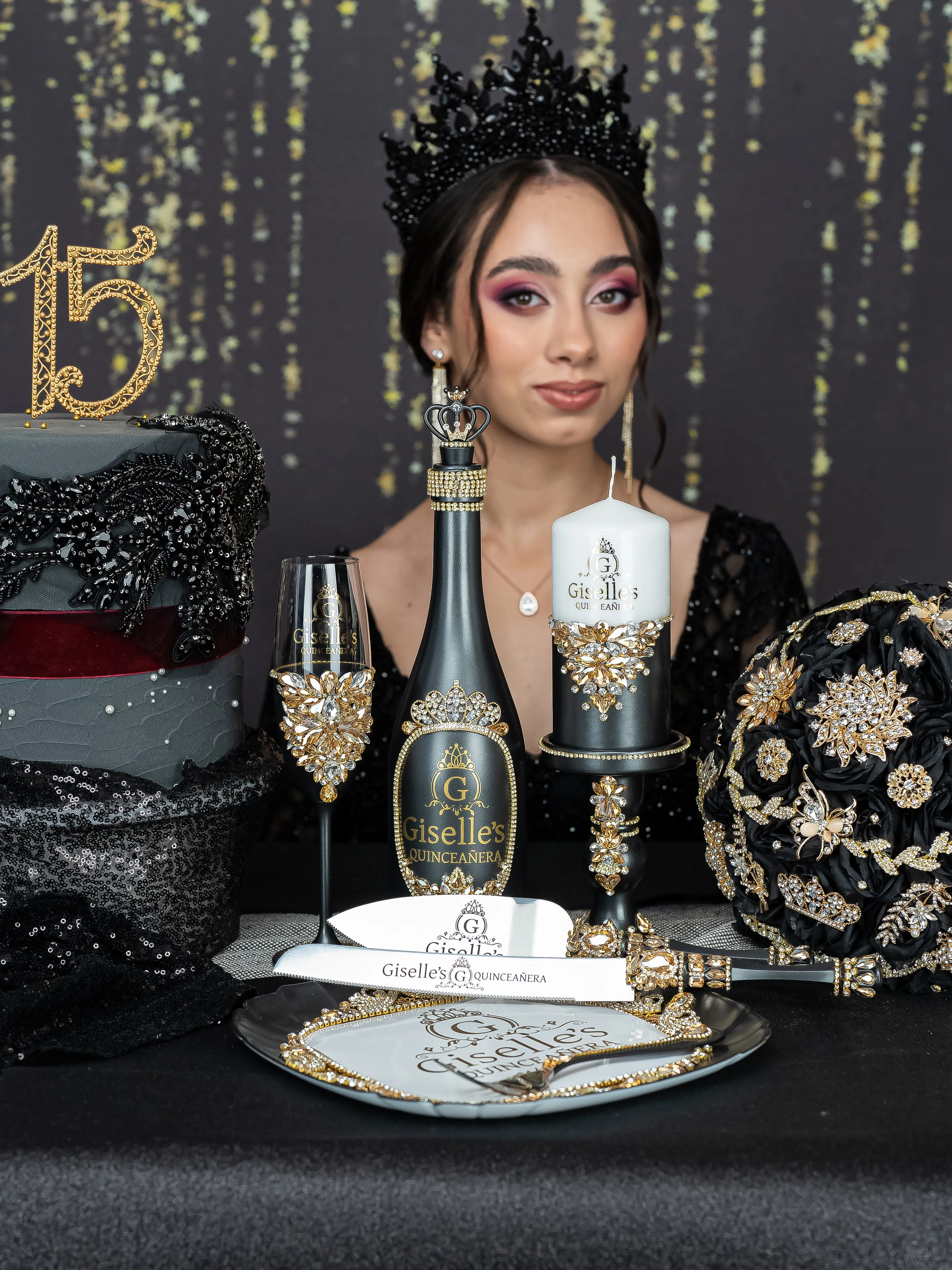 Black Quinceanera Package of Bottle, Glass and Candle