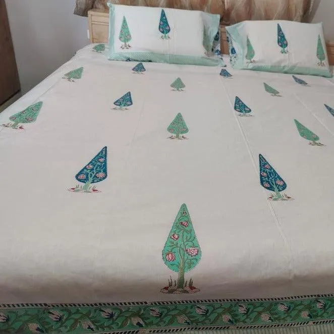 BLUE GREEN PINE BED SHEET