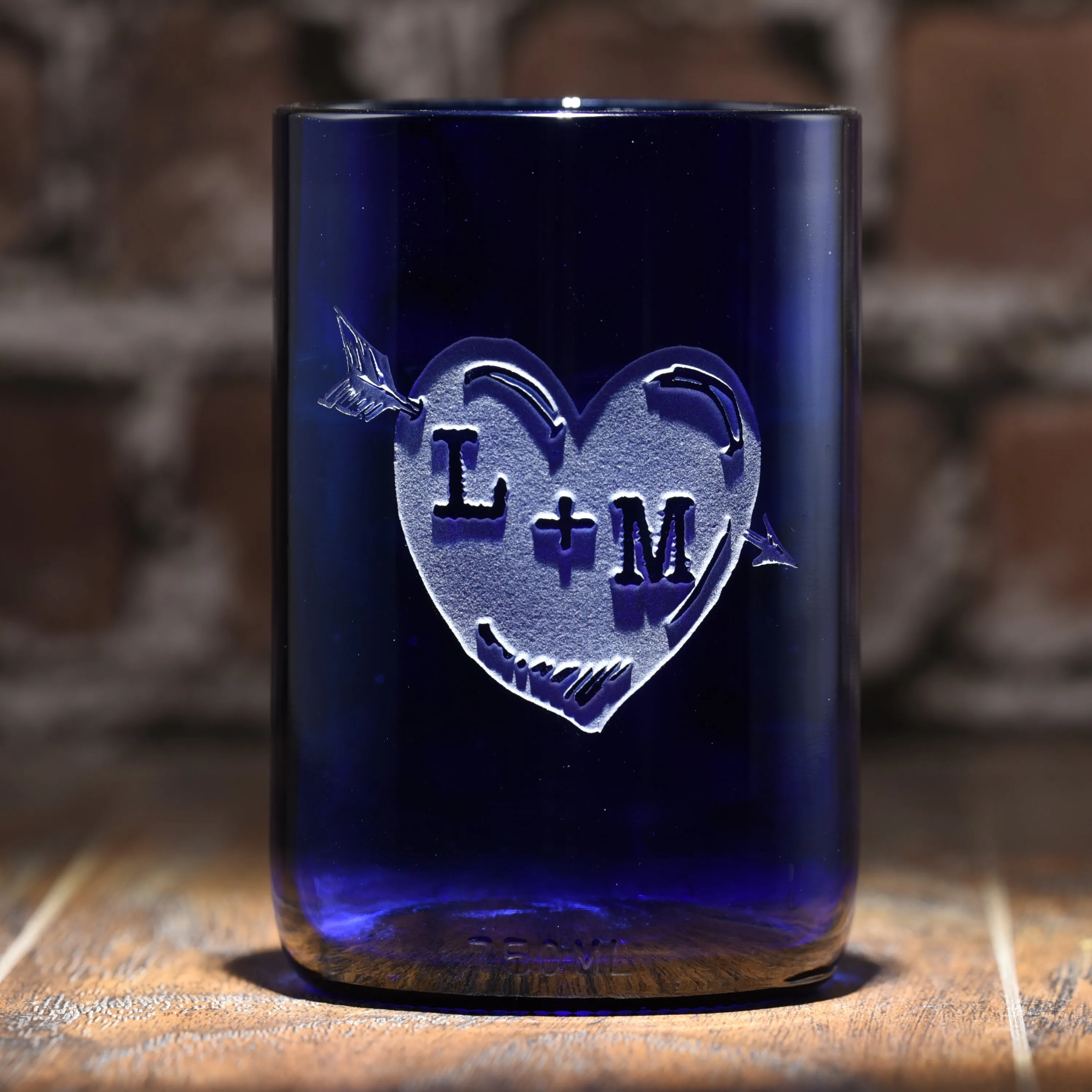 Blue Recycle Wine Bottle Glass, Engraved Heart Arrow Tumbler