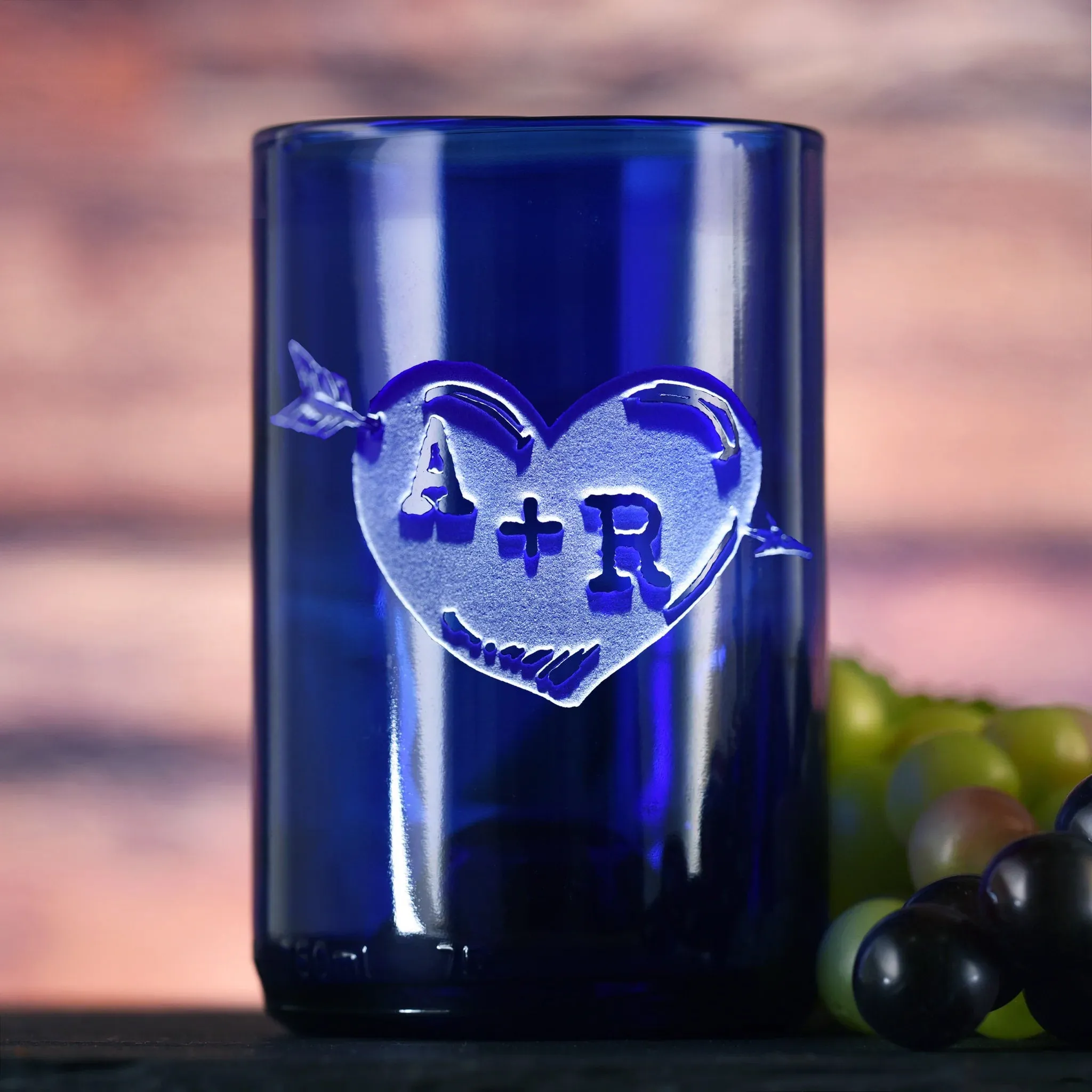 Blue Recycle Wine Bottle Glass, Engraved Heart Arrow Tumbler