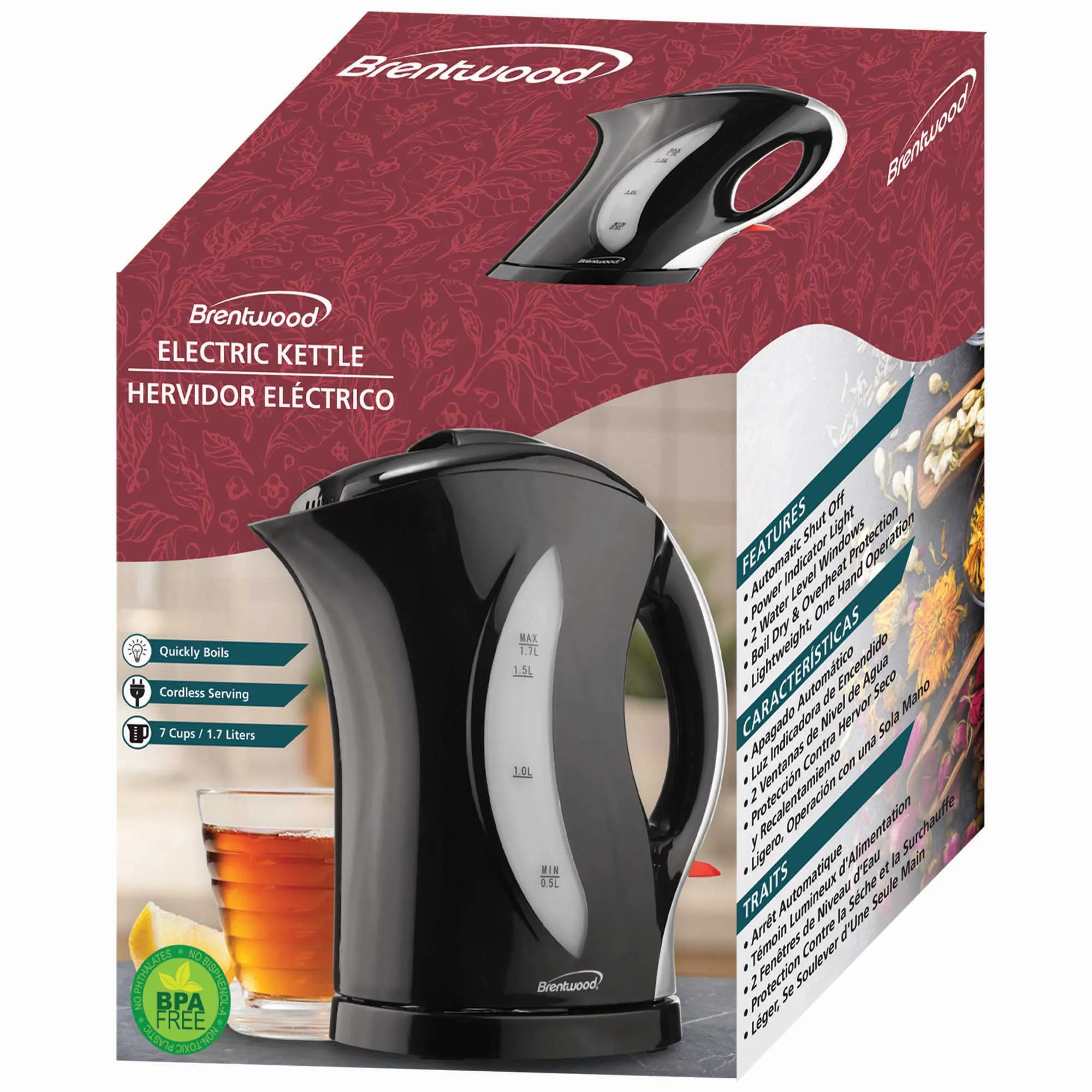 Brentwood KT-1618 BPA Free 1.7L Cordless Electric Kettle, Black/Silver