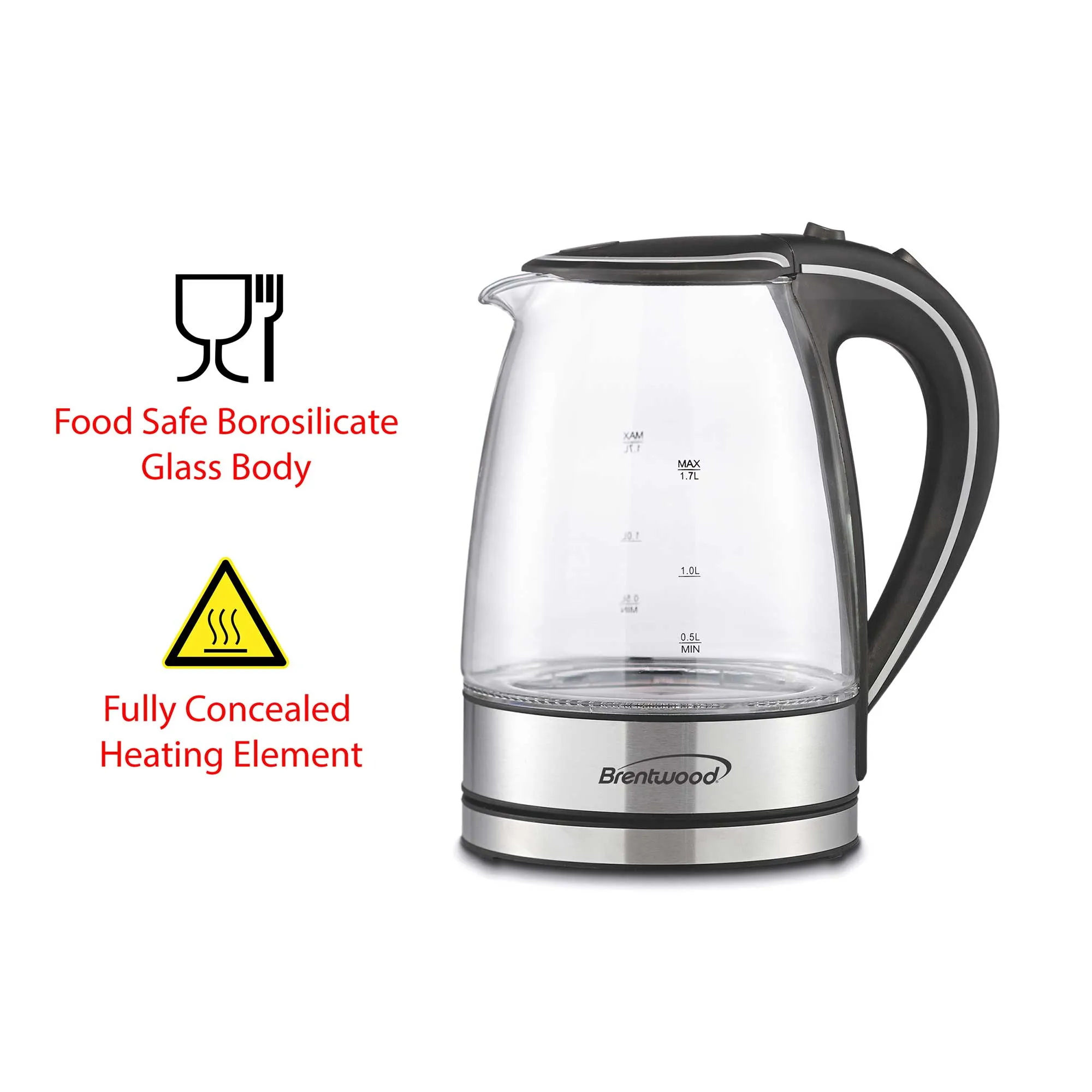 Brentwood KT-1900BK 1.7L Cordless Glass Electric Kettle, Black