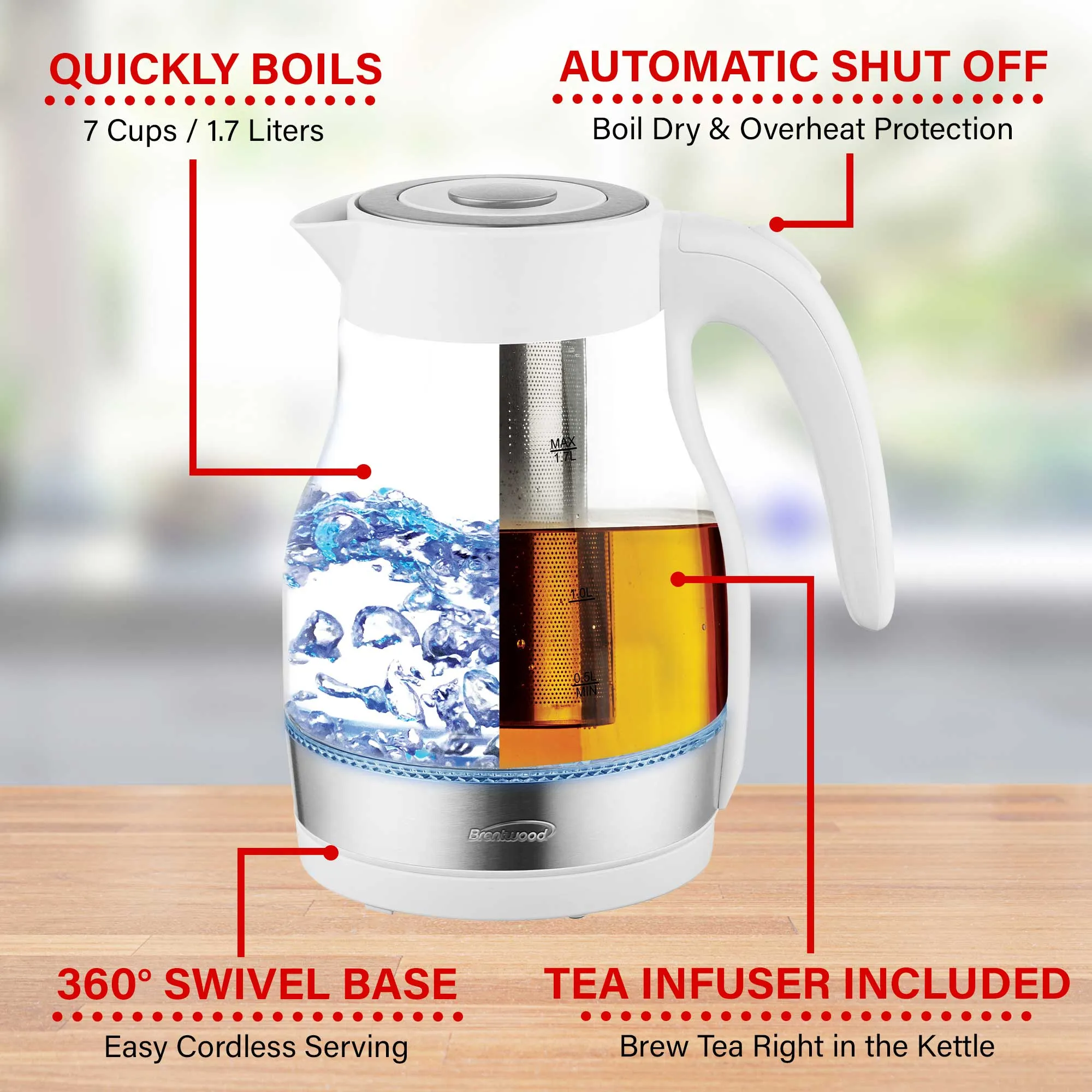 Brentwood KT-1962W 1.7L Cordless Glass Electric Kettle with Tea Infuser, White