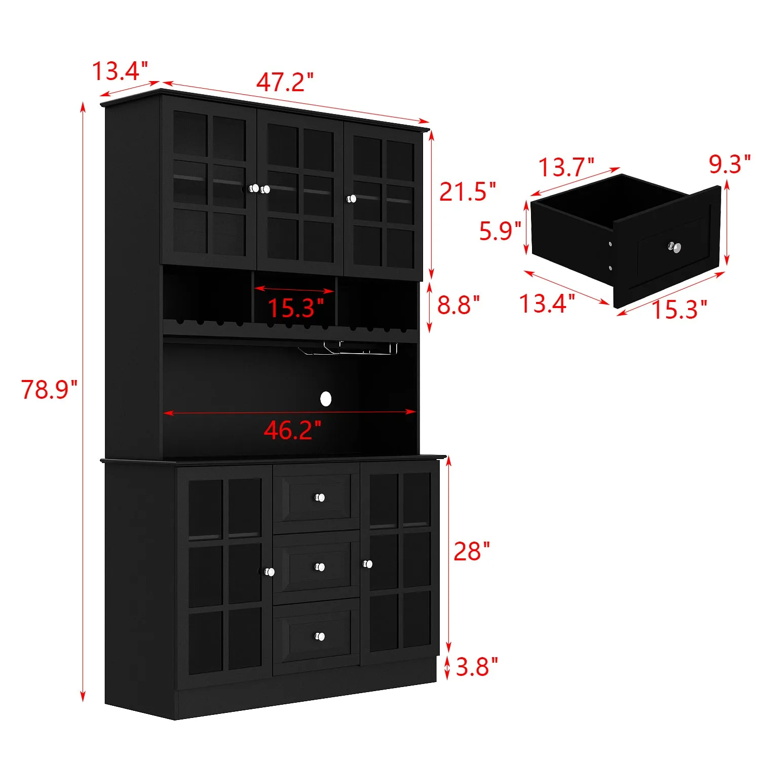 Buffet Bar Cabinet with Glass Door Kitchen Hutch Cabinet with Drawers Glass Holder and Wine Rack