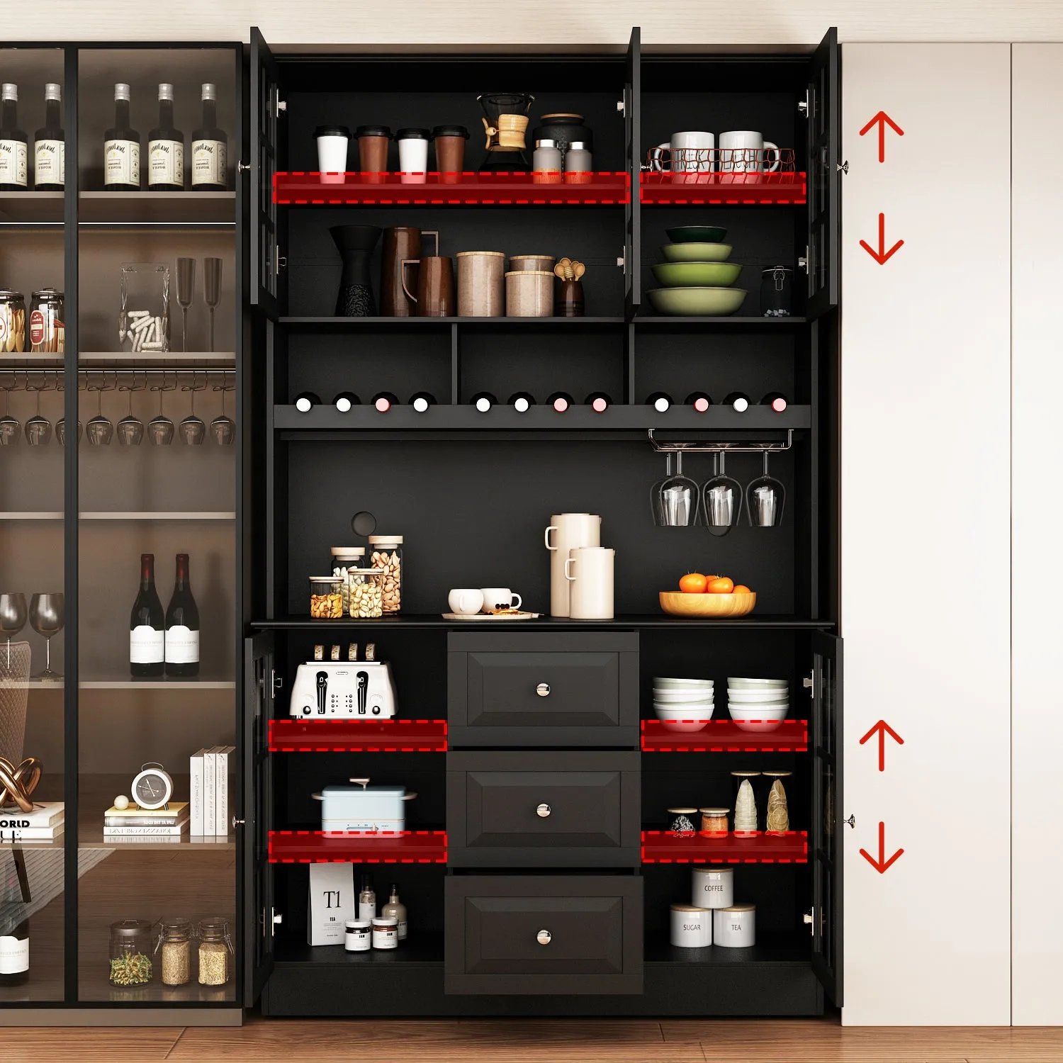 Buffet Bar Cabinet with Glass Door Kitchen Hutch Cabinet with Drawers Glass Holder and Wine Rack