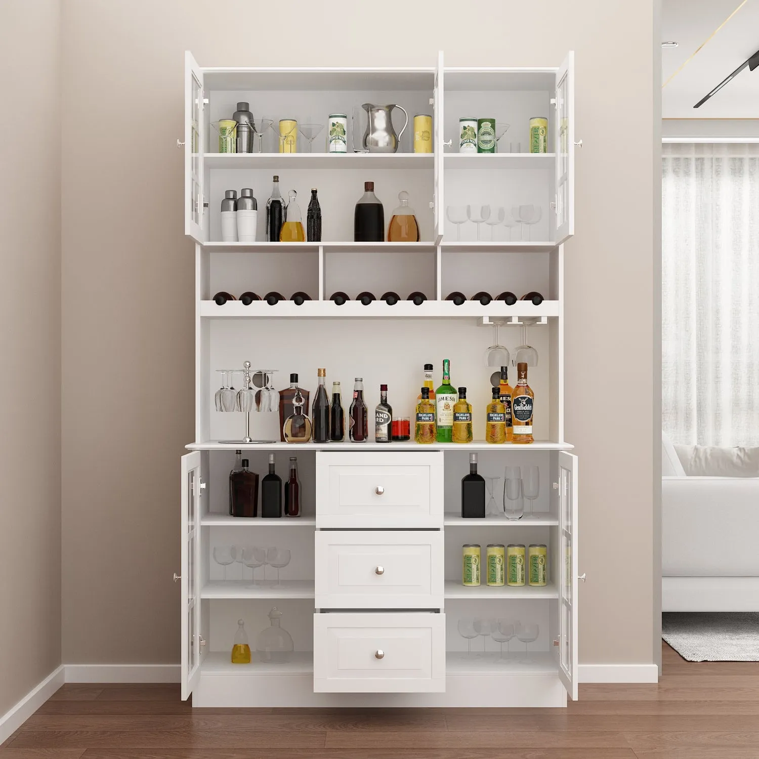 Buffet Bar Cabinet with Glass Door Kitchen Hutch Cabinet with Drawers Glass Holder and Wine Rack