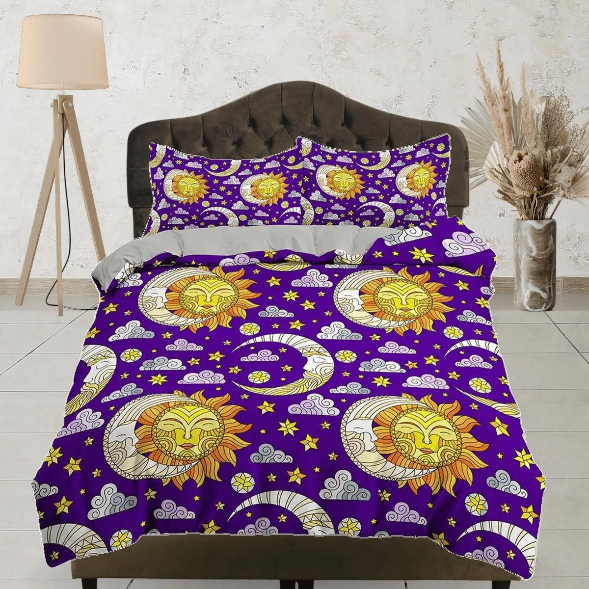 Celestial bedding sun and moon, witchy decor dorm bedding, purple aesthetic duvet cover set, boho bedding set full king queen, astrology