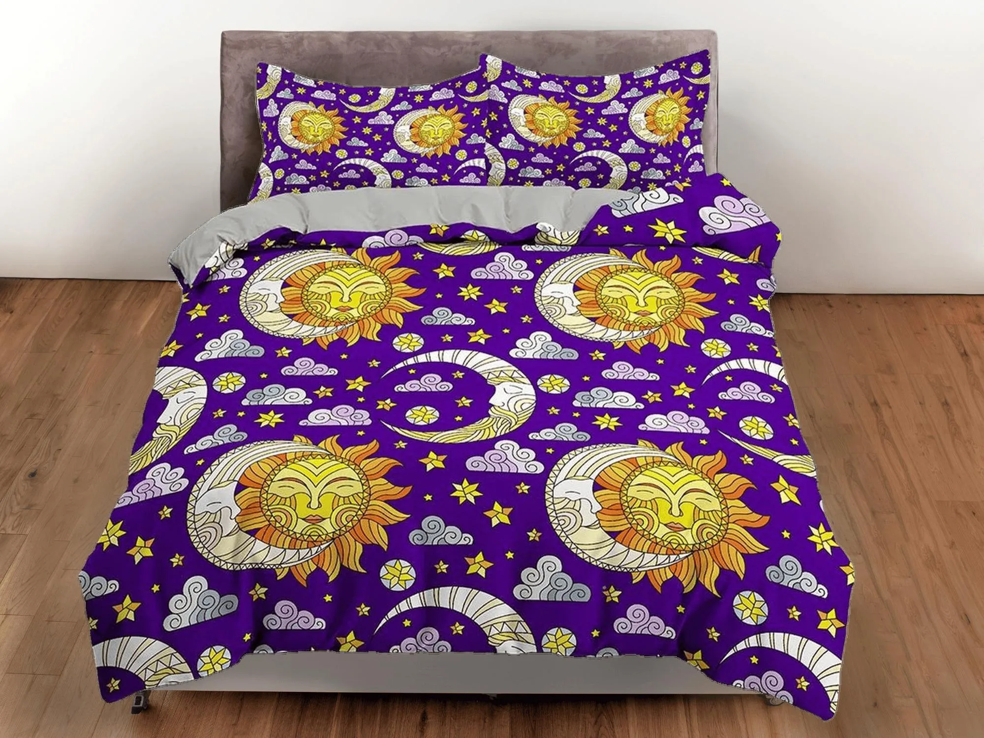 Celestial bedding sun and moon, witchy decor dorm bedding, purple aesthetic duvet cover set, boho bedding set full king queen, astrology