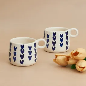 Ceramic Mug | Dark Blue Heart Design | White & Blue | 400 ml | Set of 2