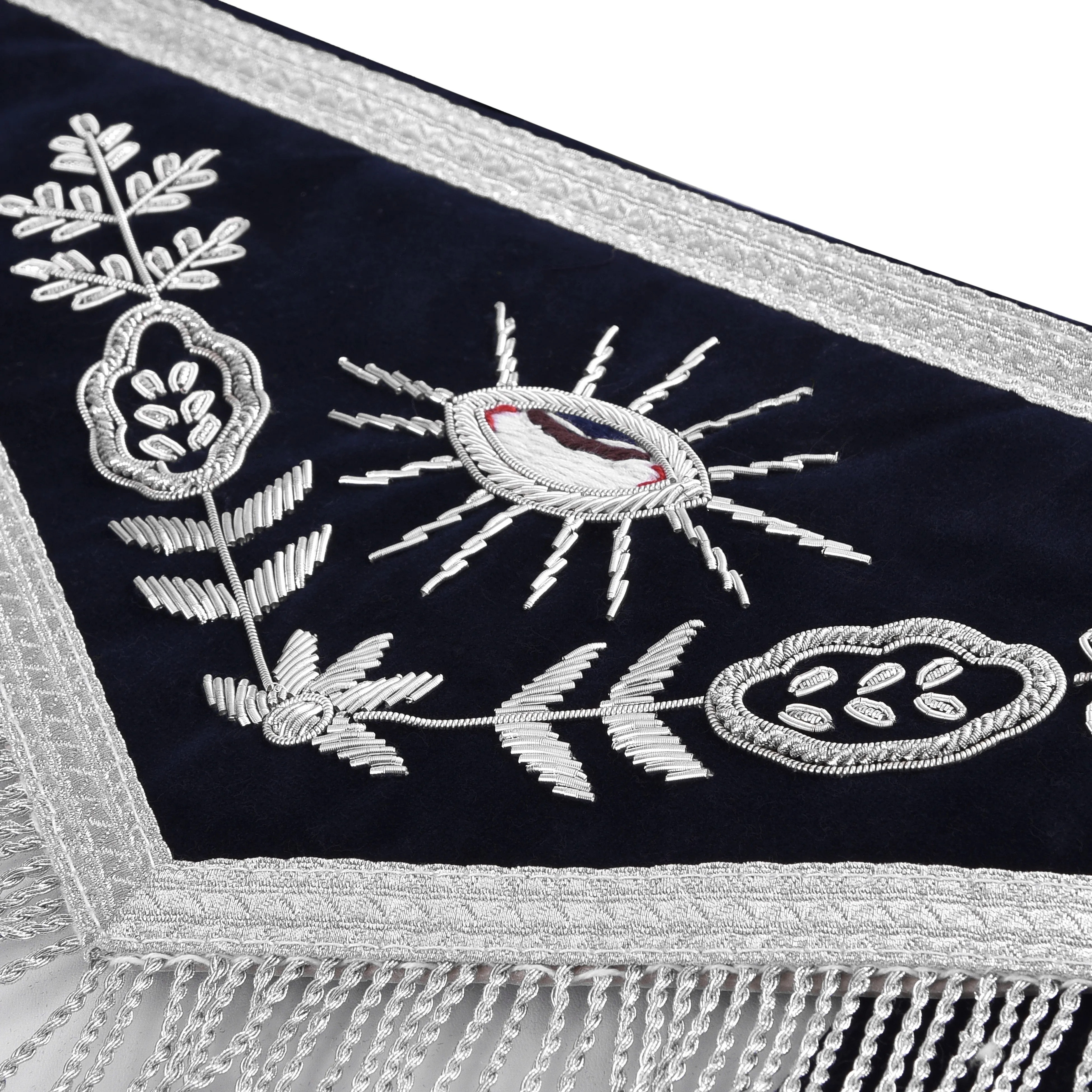 Chaplain Blue Lodge Officer Apron - Dark Blue With Silver Hand Embroidery Bullion