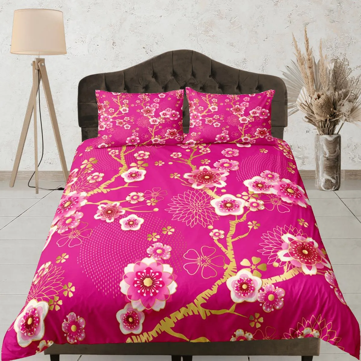 Cherry Blossom Pink Duvet Cover Set, Floral Bedspread Dorm Bedding Set