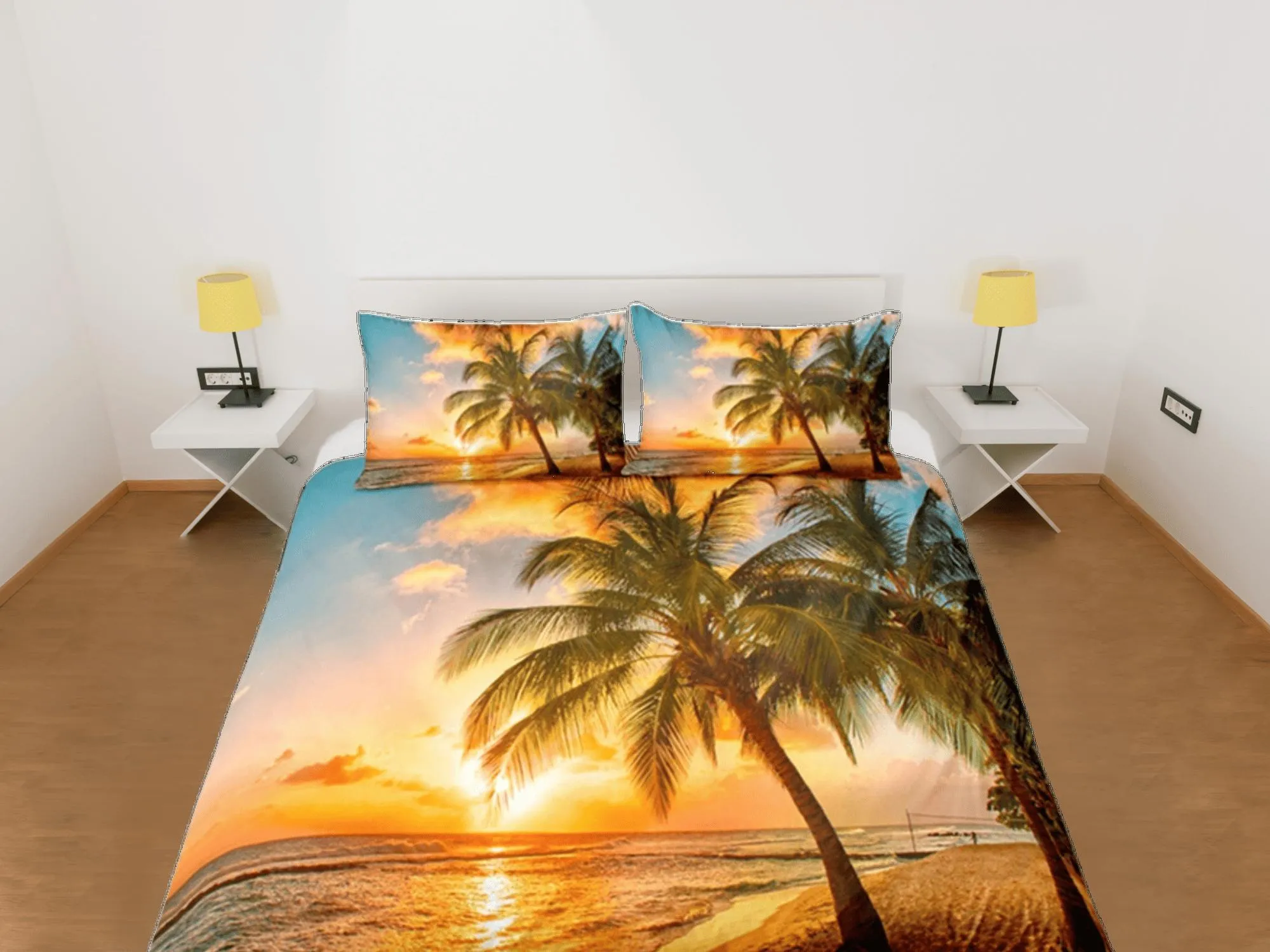 Coconut Tree Ocean Duvet Cover Set, Beach Sunset Dorm Bedding Set, Single Bedding, Tropical Decor