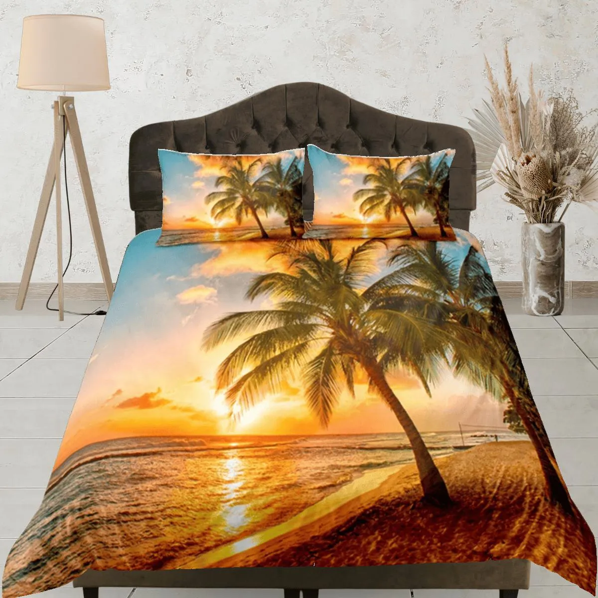 Coconut Tree Ocean Duvet Cover Set, Beach Sunset Dorm Bedding Set, Single Bedding, Tropical Decor